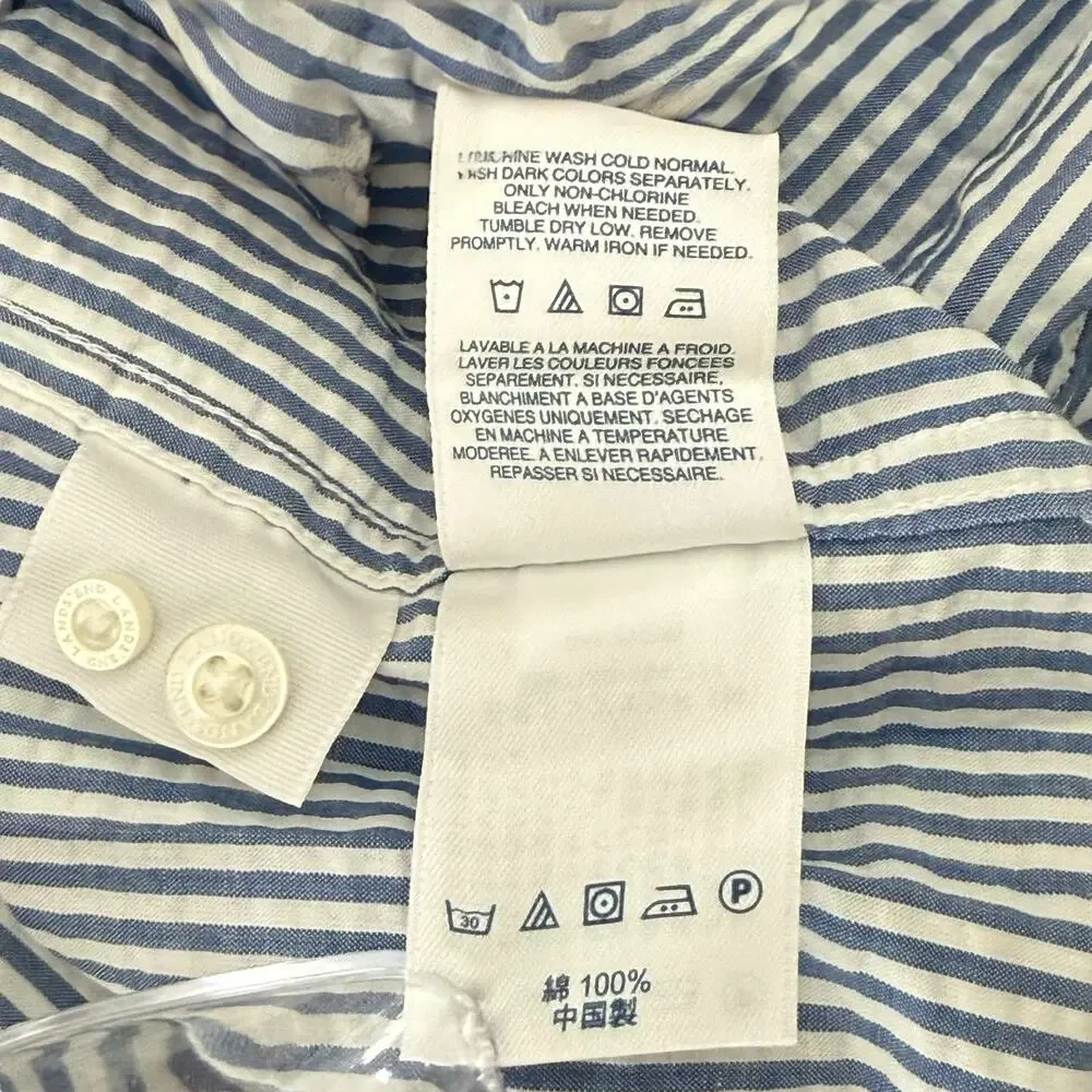 Land's End Men's Seersucker Casual Shirt Button Down Short Sleeve Blue White